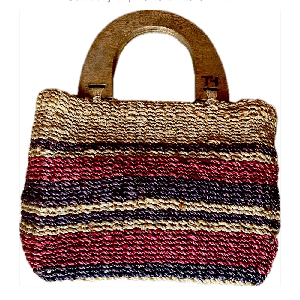 Tommy Hilfiger Straw Handbag Tote ‘Picnic Basket’ Purse Tan Pink Purple
